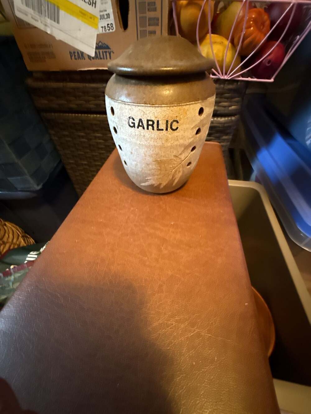 Handmade Stoneware Garlic Keeper Jar with Lid Leaf Motif
